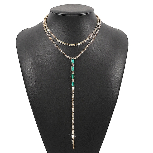 Jewelry - Lariat Gold Emerald Green Rhinestone Choker Necklace
